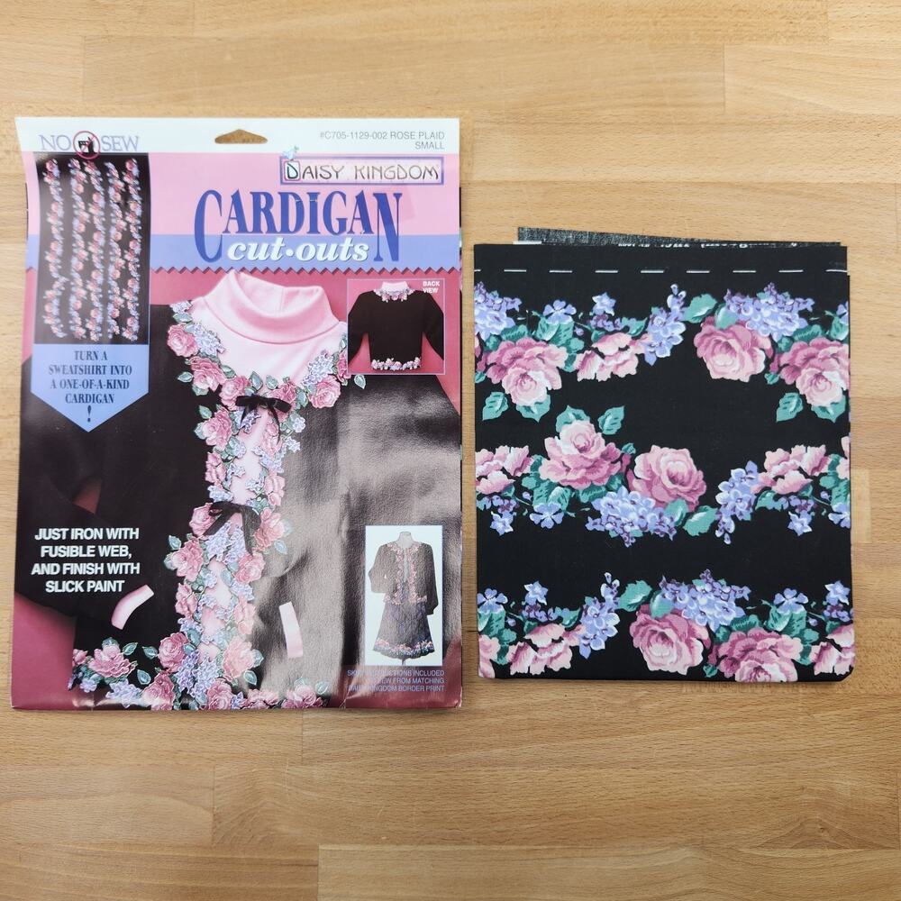 2 Vintage 1994 Daisy Kingdom Fabric Appliques Cardigan Cut Outs Small Rose Plaid